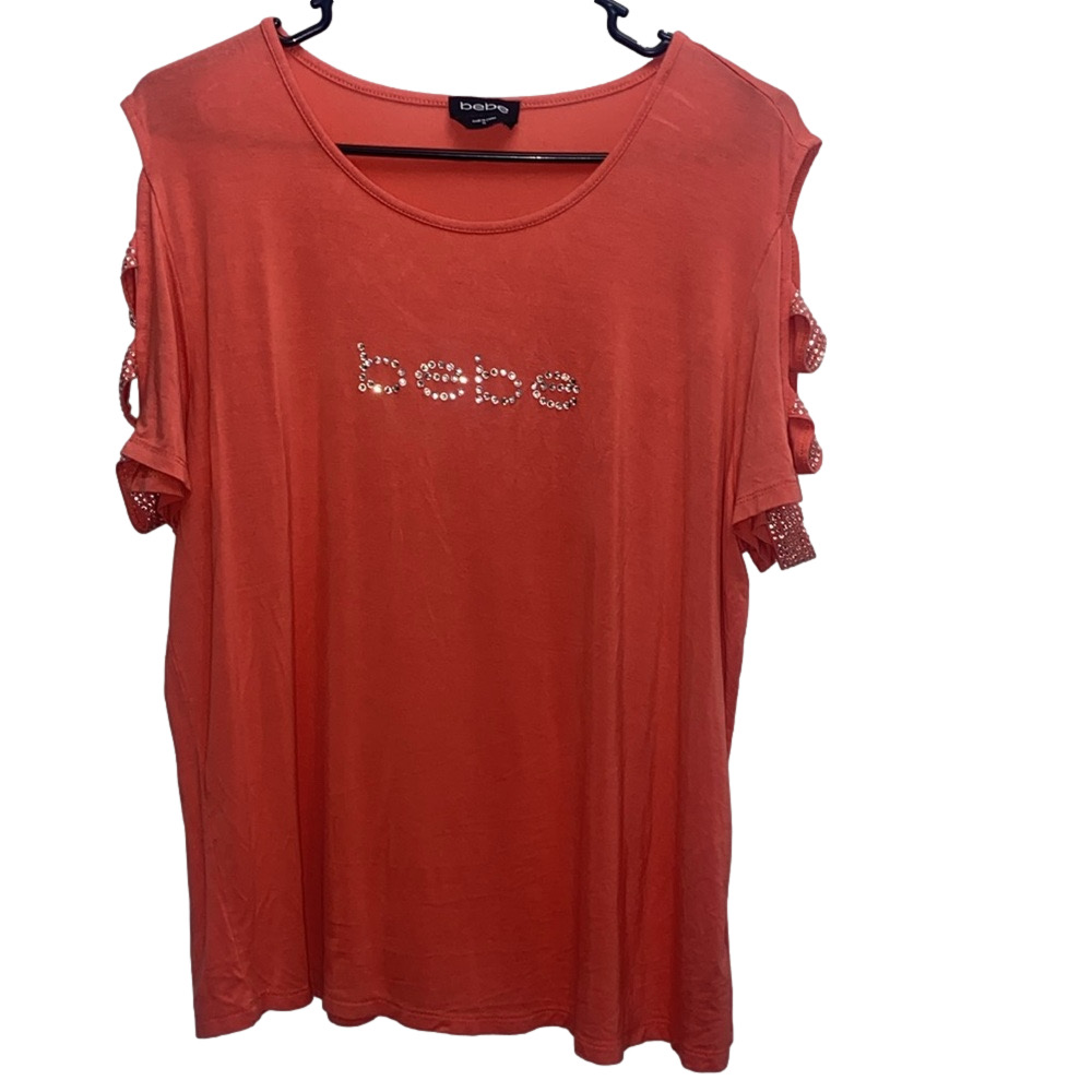 Bebe pink cold shoulder embellishment rhinestone shirt woman’s size 1x